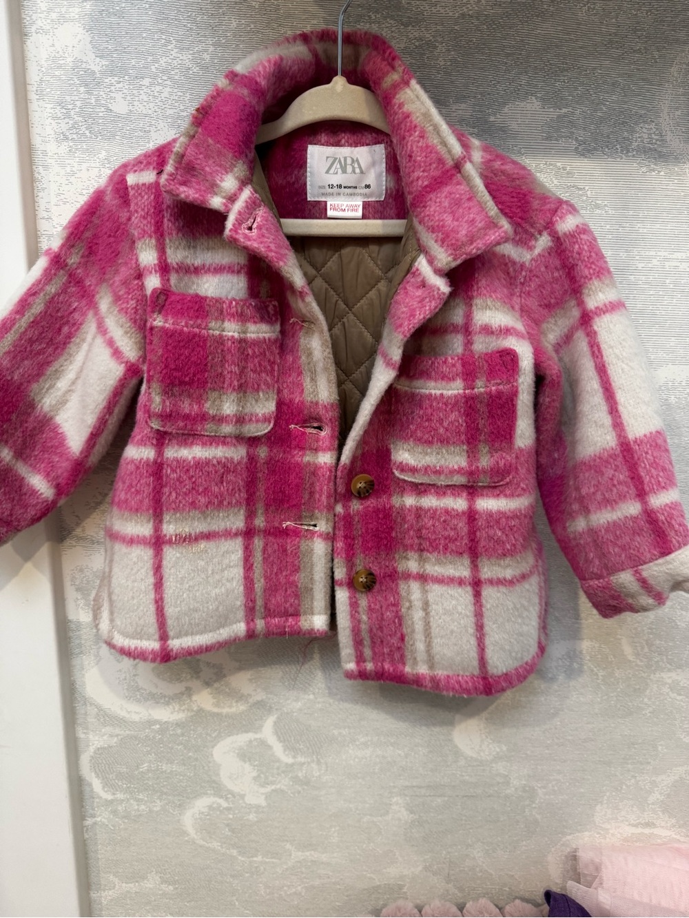 Zara Kids Pink and Cream Plaid Pea Coat
